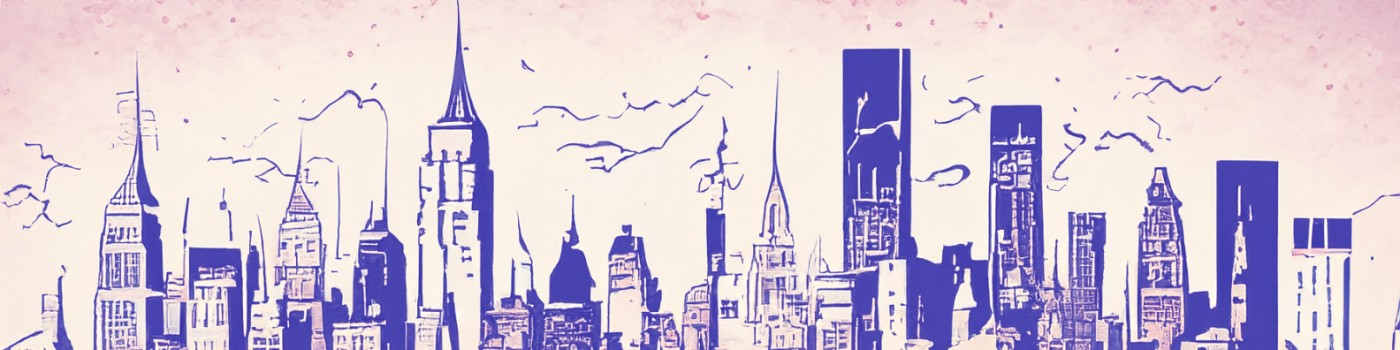 illustrated new york city skyline in navy and pink
