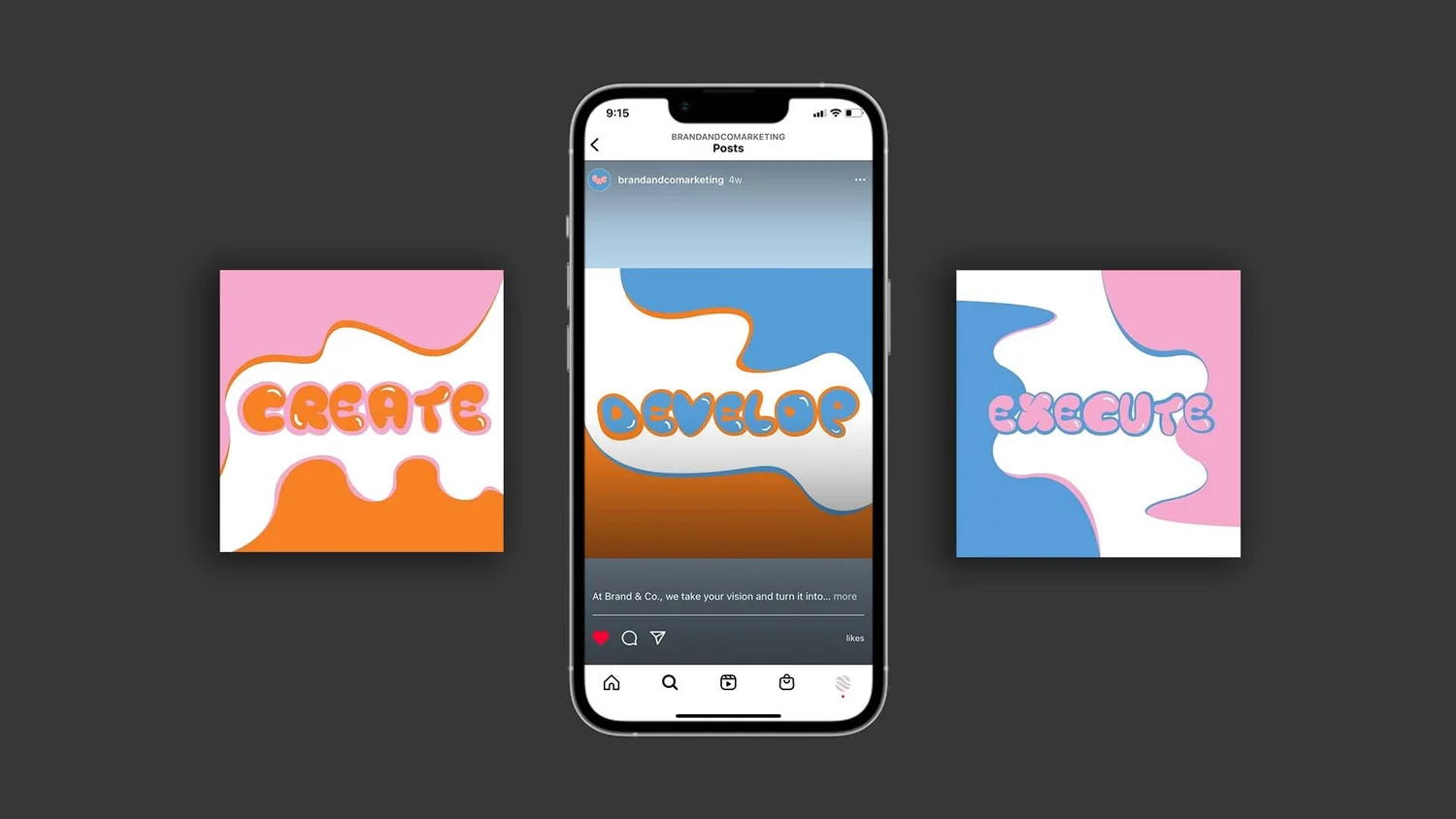 brand & co instagram posts, create, develop, execute, on a phone mockup