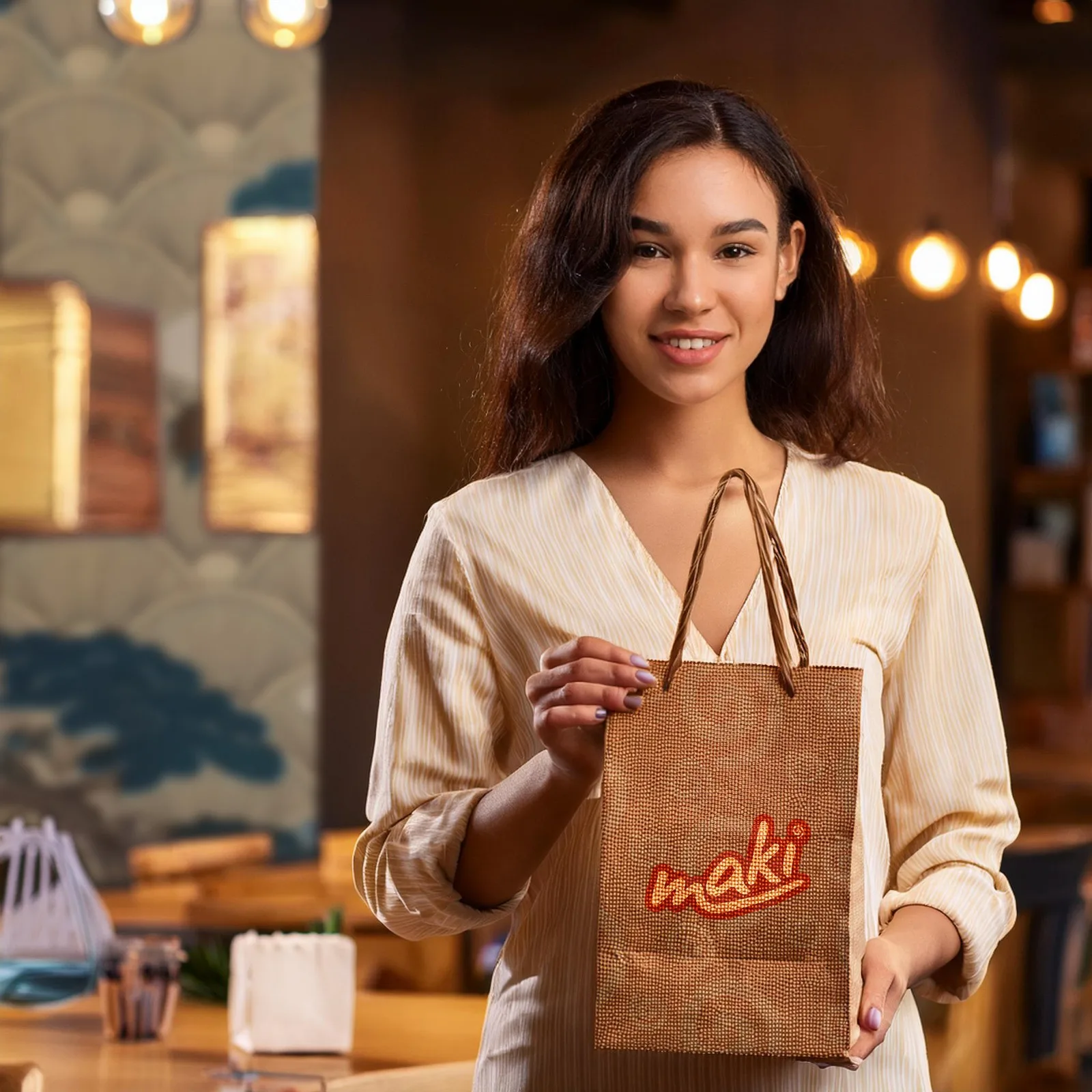 someone holding a maki takeout bag with the logo printed on it