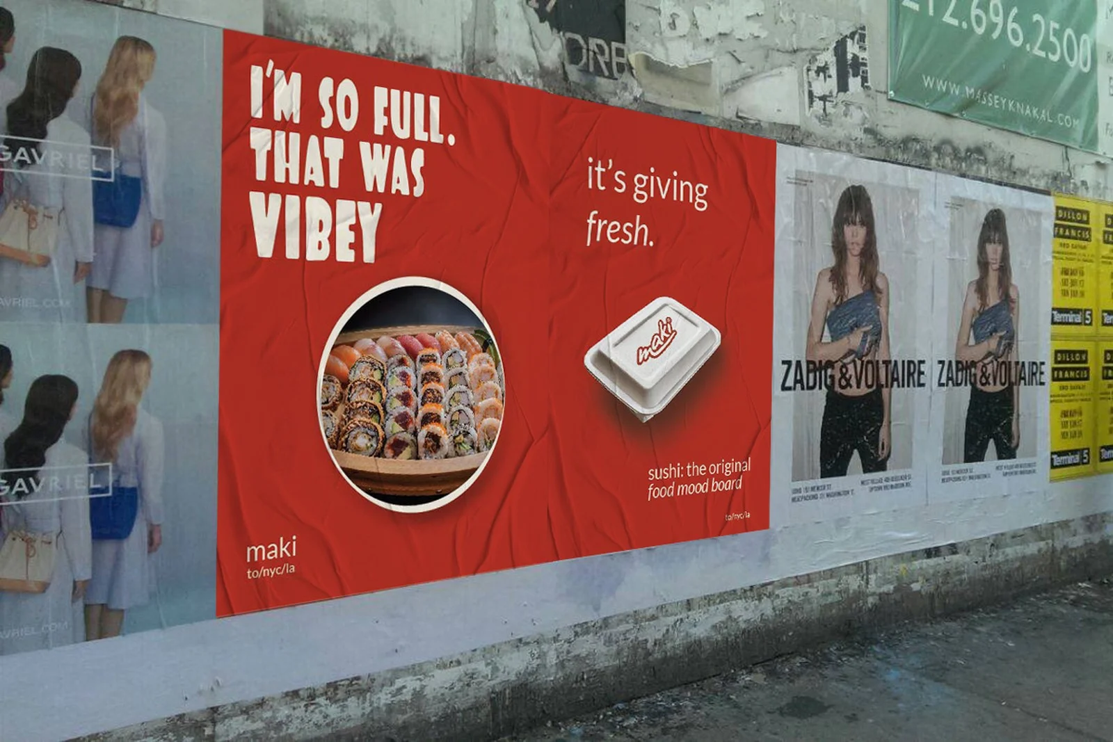 maki street poster, i'm so full, that was vibey, sushi photo and takeout box