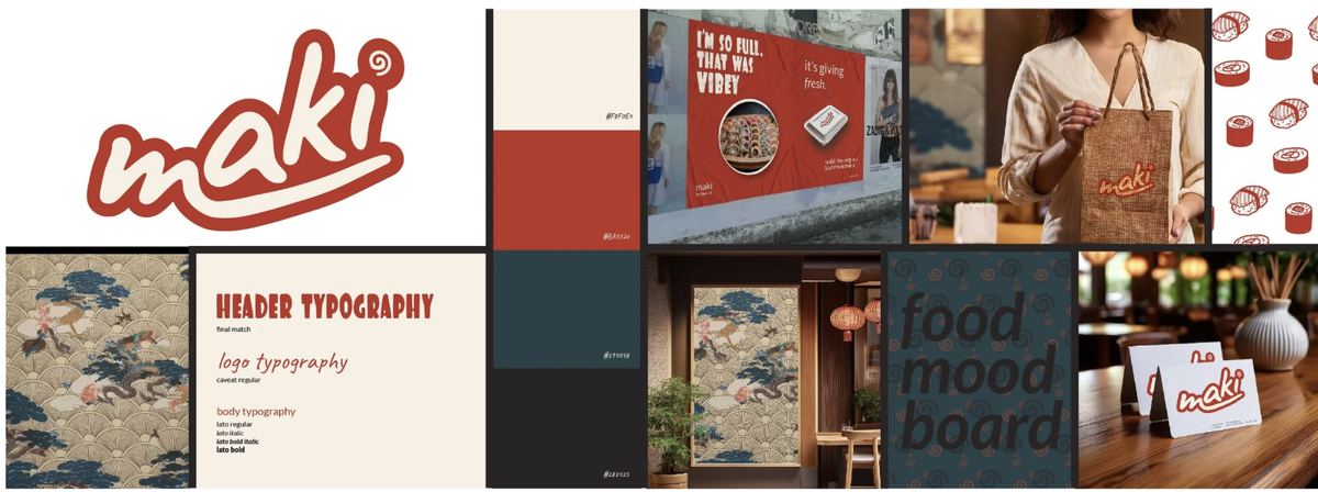 maki brand mood board, logo, colour palette, typography, storefront and packaging mockups