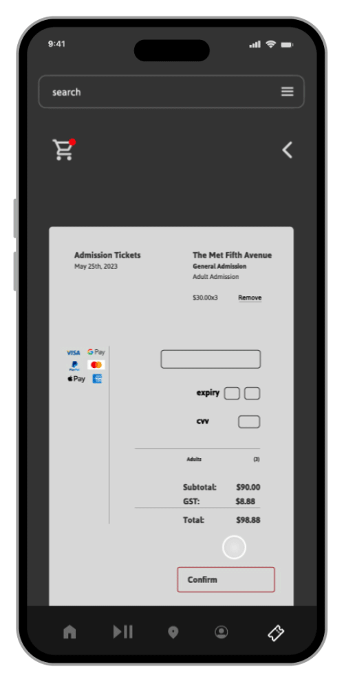 the met mobile prototype, ticket location selection