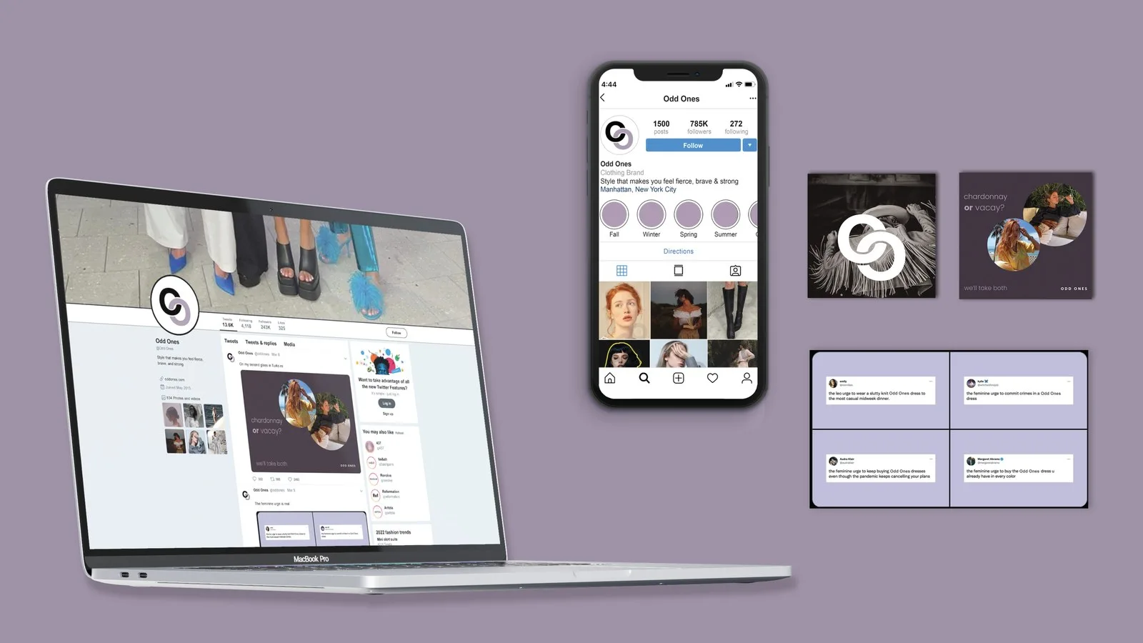 odd ones instagram and twitter profile mockups on laptop and phone