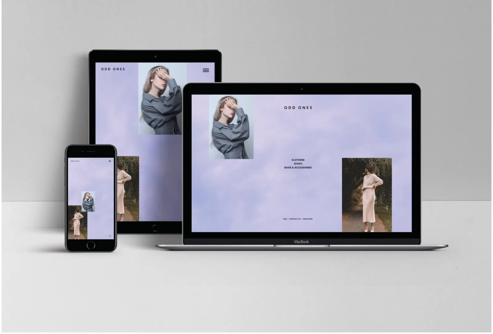odd ones website landing page across laptop, tablet, and phone