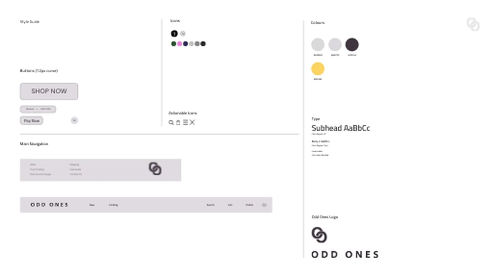 odd ones website hi-fi prototype, style guide with colors, buttons, and logo in adobe xd