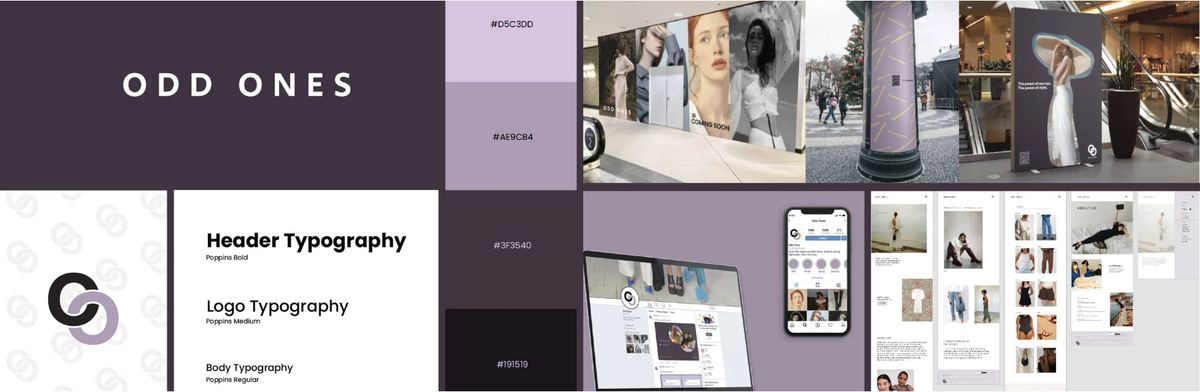 odd ones brand mood board, logo, colour palette, typography, retail and app mockups
