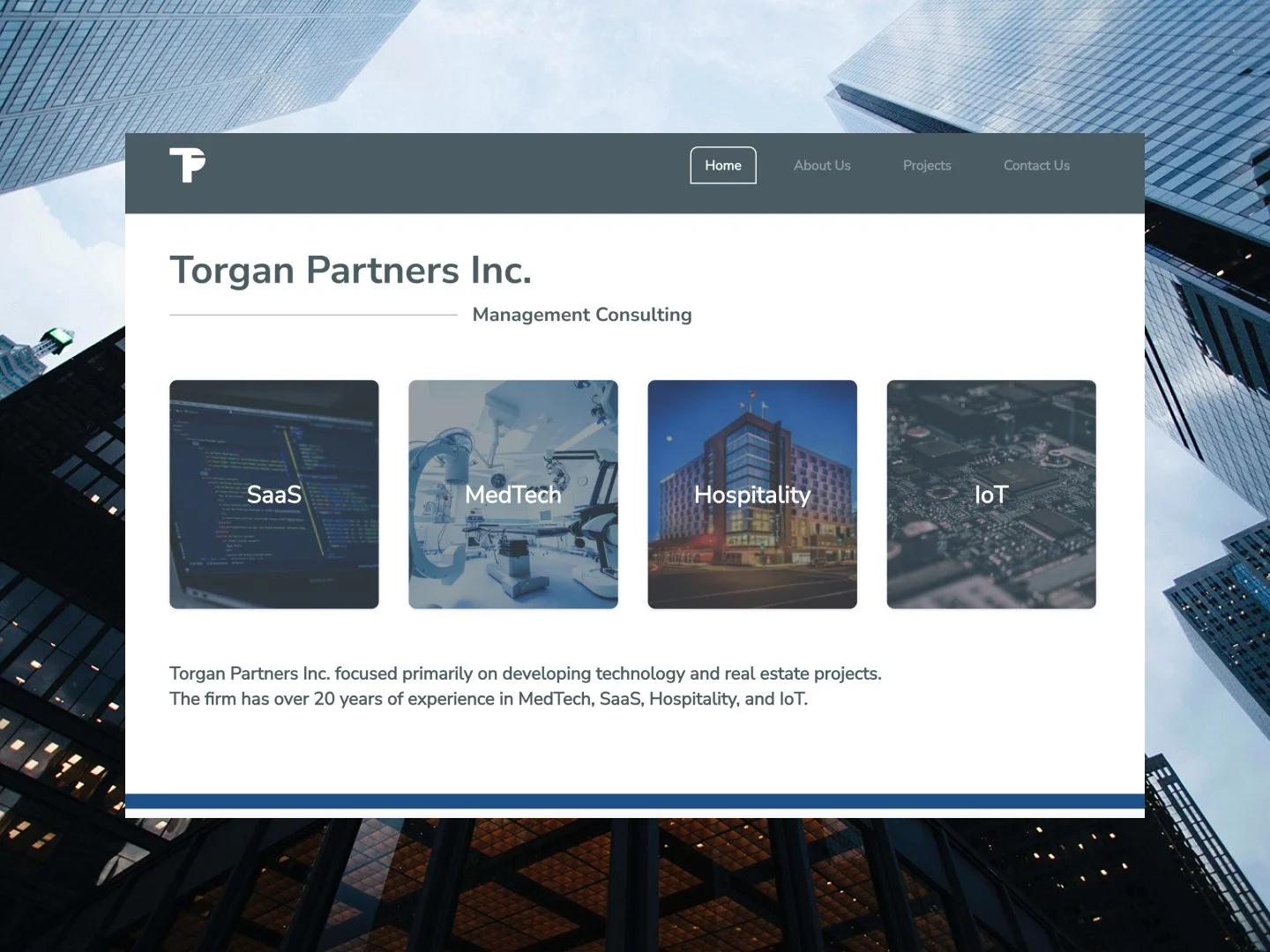 torgan partners inc. website homepage, showing saas, medtech, hospitality, and iot service tiles