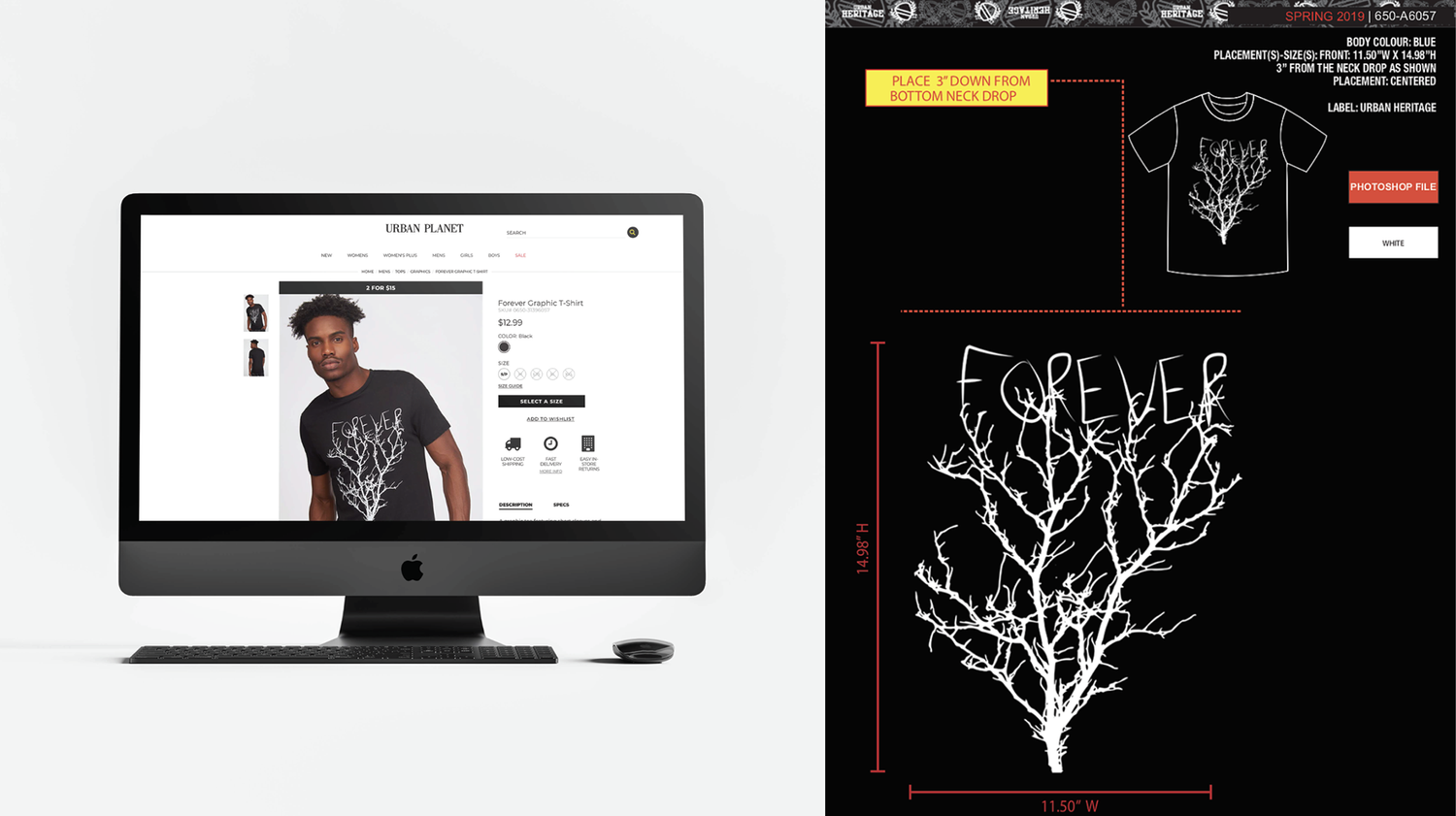 urban planet 'forever' graphic t-shirt, product page and photoshop spec sheet