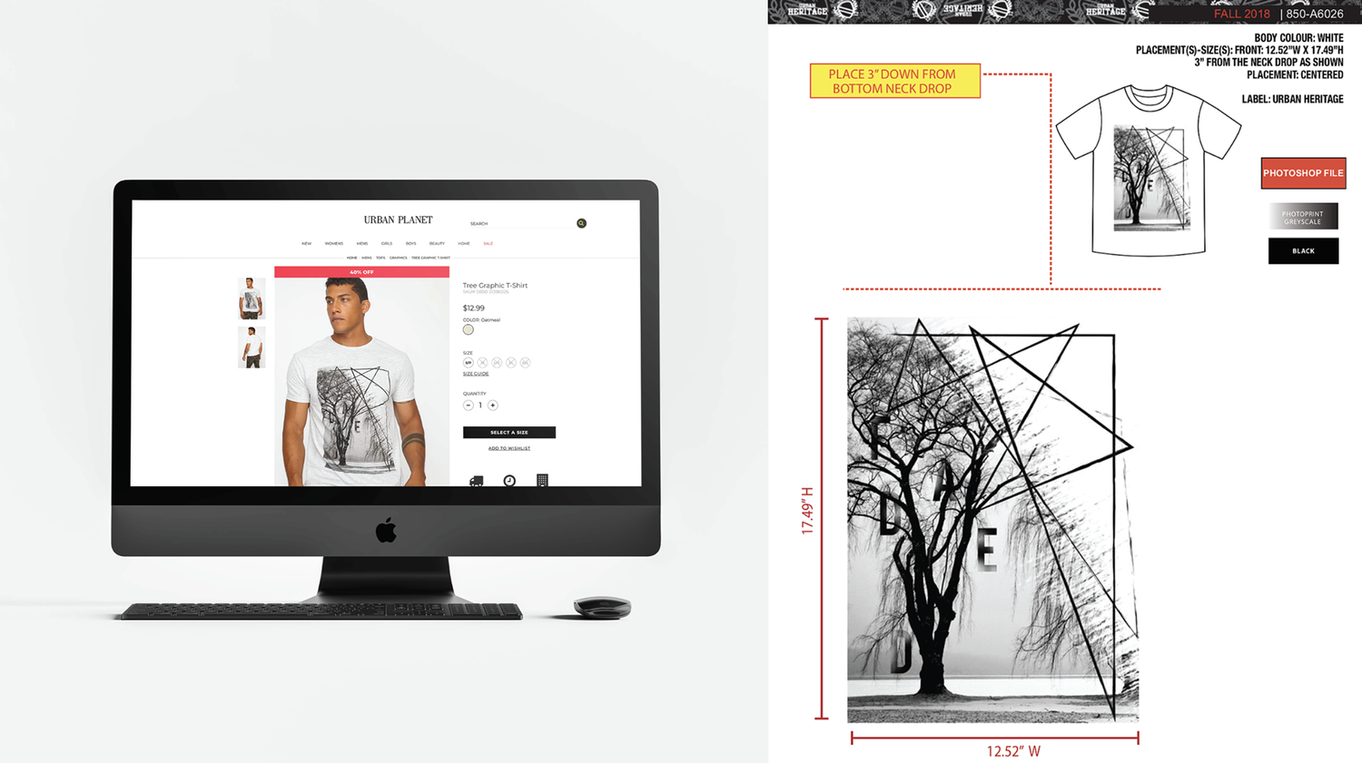 urban planet 'tree graphic' t-shirt, product page and photoshop spec sheet