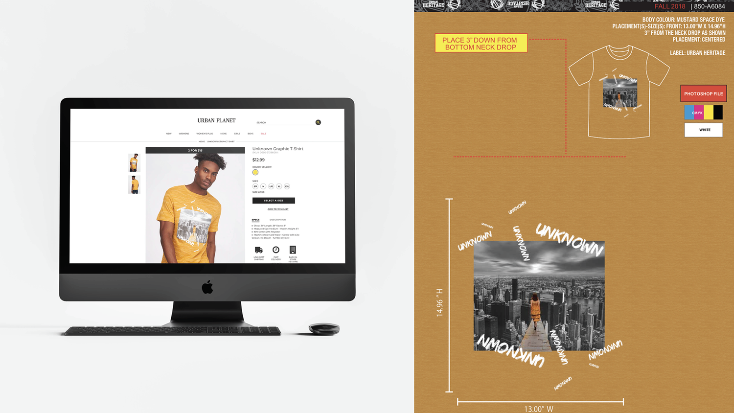 urban planet 'unknown' graphic t-shirt, product page and photoshop spec sheet